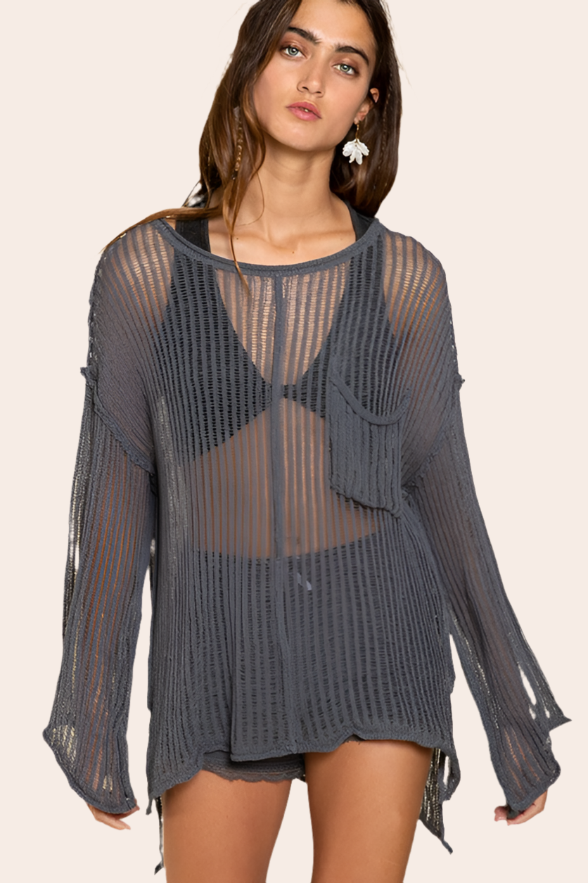 Loose Fit See-through Boat Neck Sweater