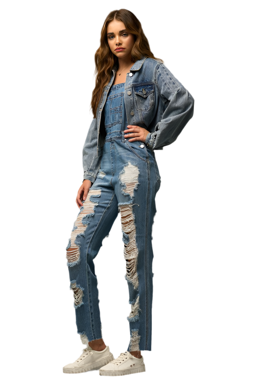 “PRICILLA” DISTRESSED STRAIGHT FIT OVERALL