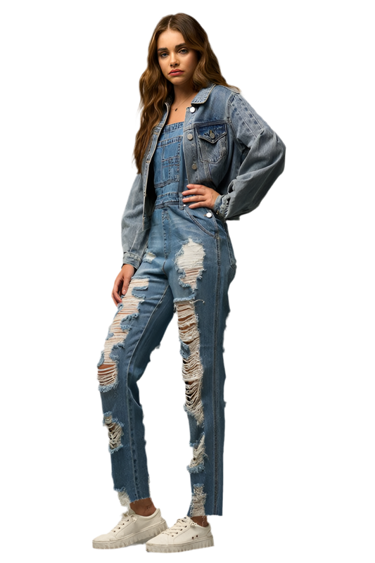 “PRICILLA” DISTRESSED STRAIGHT FIT OVERALL