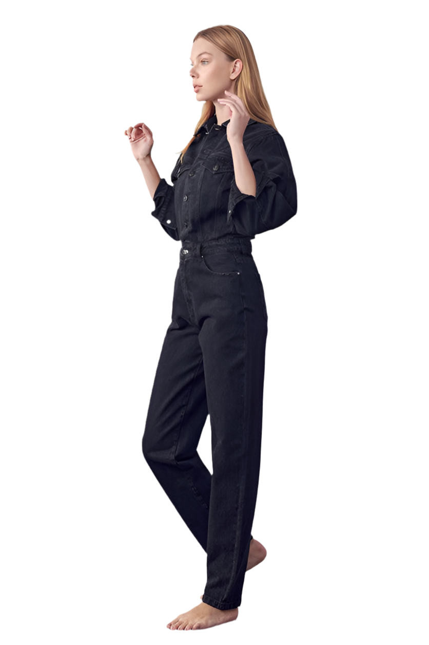 HIGH WAIST HALF BUTTON DENIM JUMPSUIT