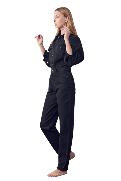 HIGH WAIST HALF BUTTON DENIM JUMPSUIT