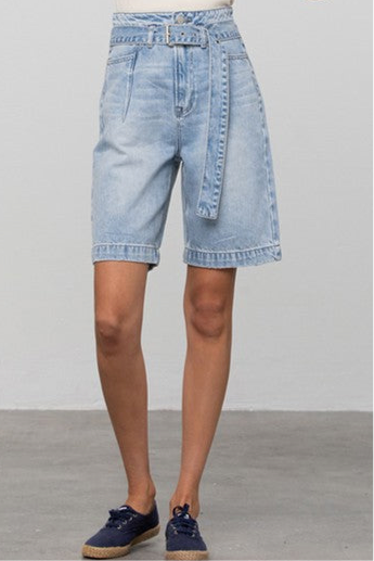 Self Belted Bermuda Denim Shorts