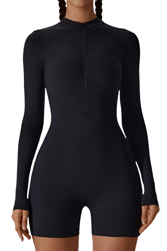 Solid zippered long-sleeved sports jumpsuit