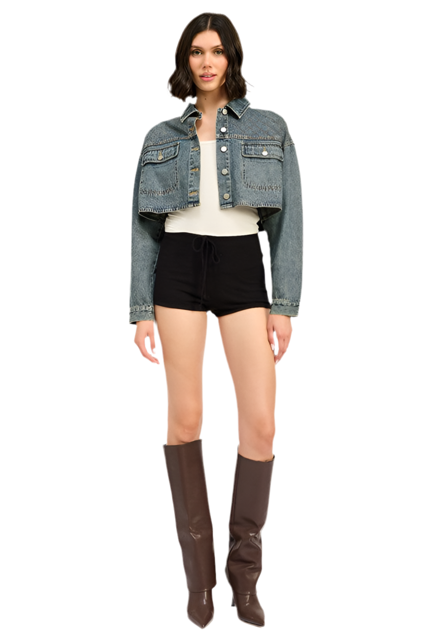 “CHRISTINE” EMBROIDERED DENIM CROP JACKET