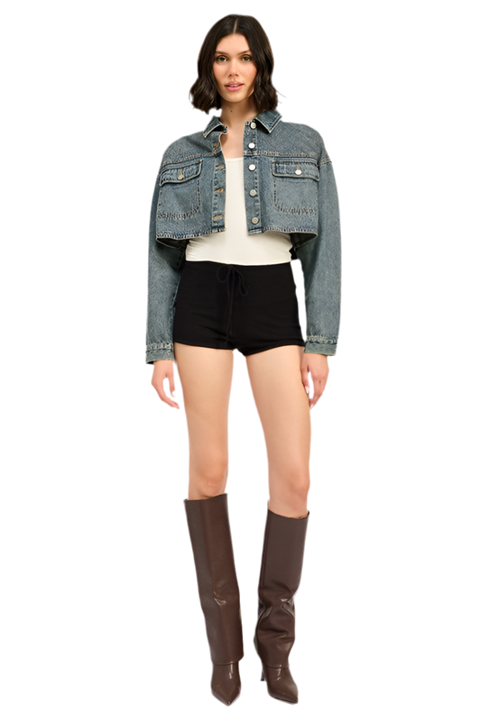 “CHRISTINE” EMBROIDERED DENIM CROP JACKET