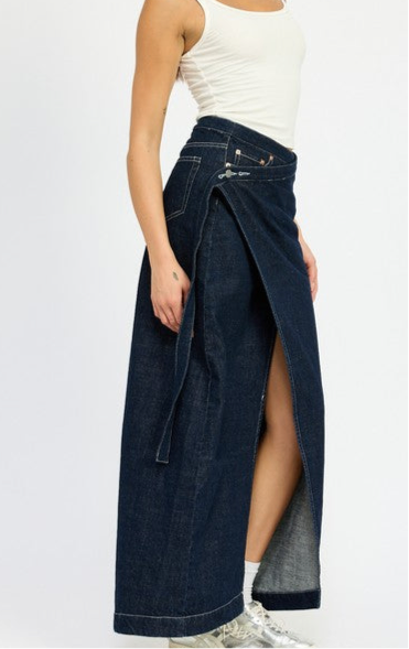 “LEXIE” WRAPPED MAXI DENIM SKIRT