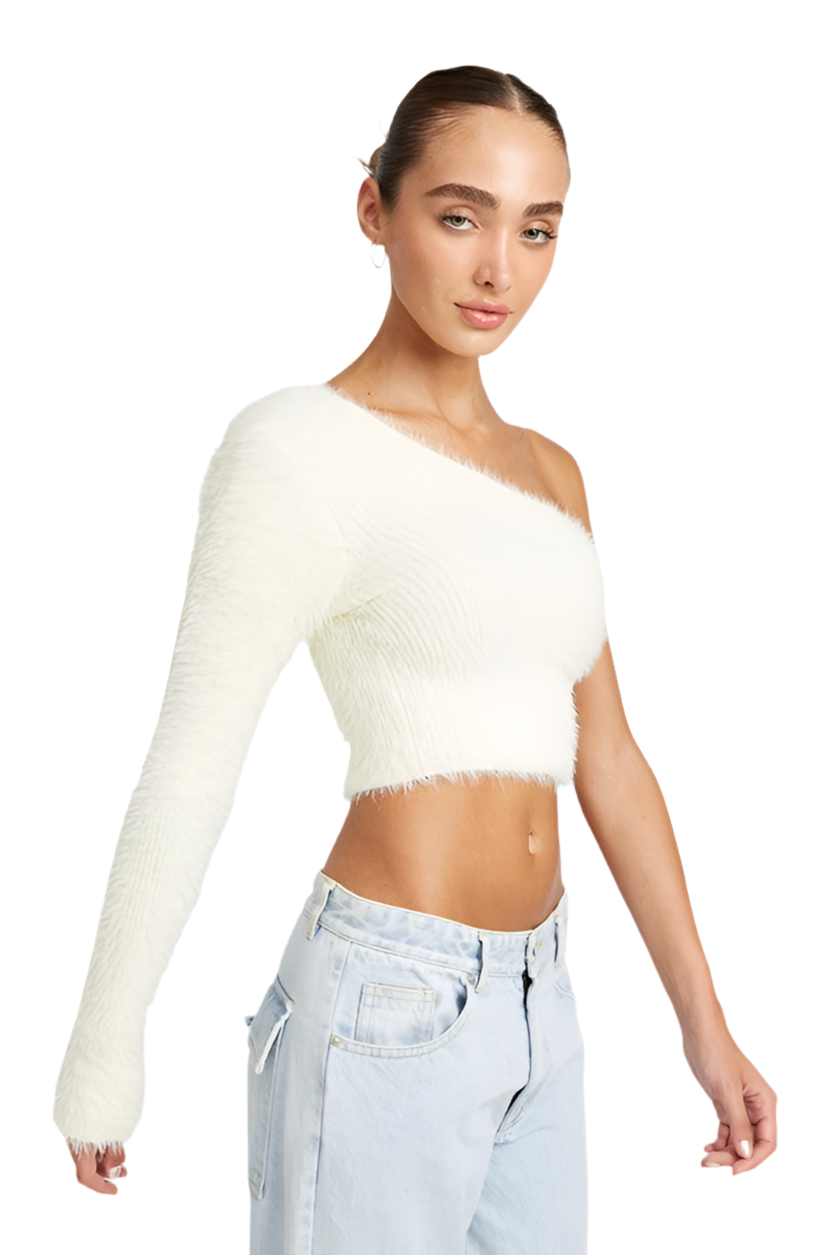 ONE SHOULDER FLUFFY SWEATER TOP