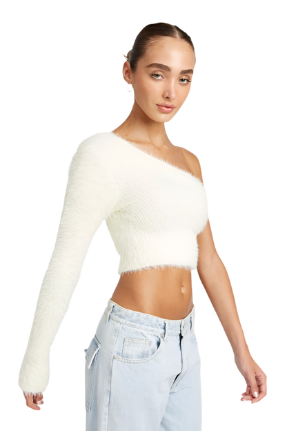 ONE SHOULDER FLUFFY SWEATER TOP