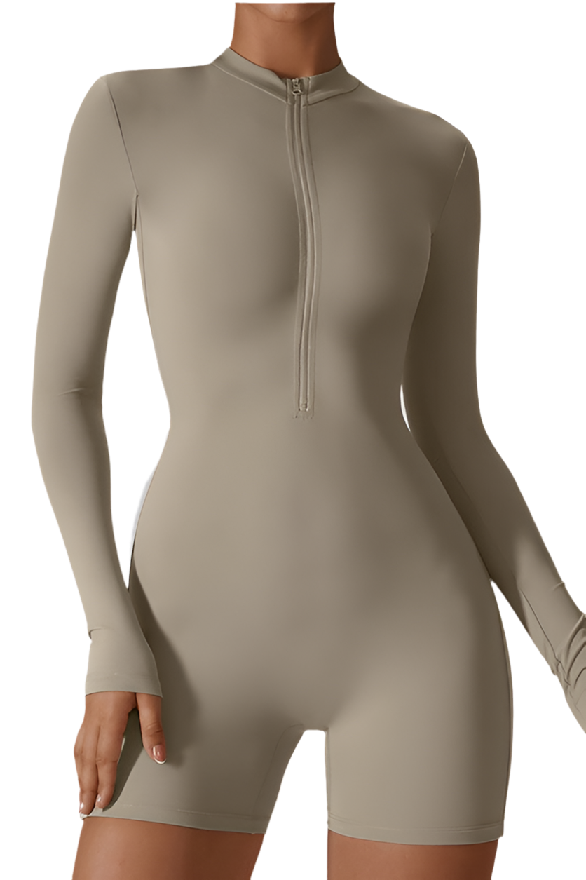 Solid zippered long-sleeved sports jumpsuit