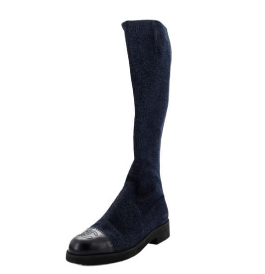 CHANEL
Women's Cc Cap Toe Knee High Boots Denim With Leather