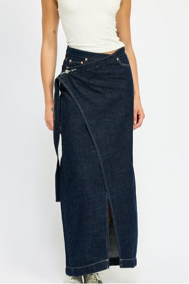 “LEXIE” WRAPPED MAXI DENIM SKIRT