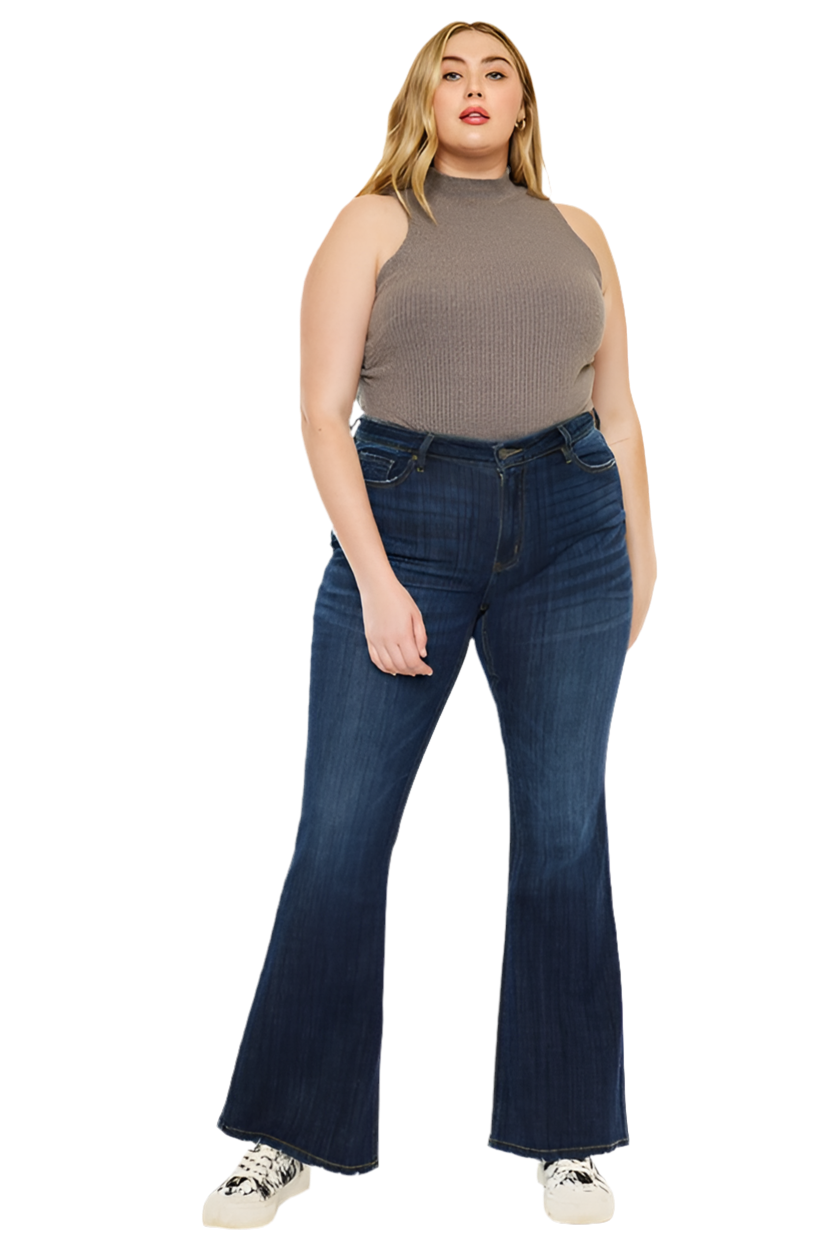 PLUS PETITE DARK WASH MID RISE FLAR JEANS