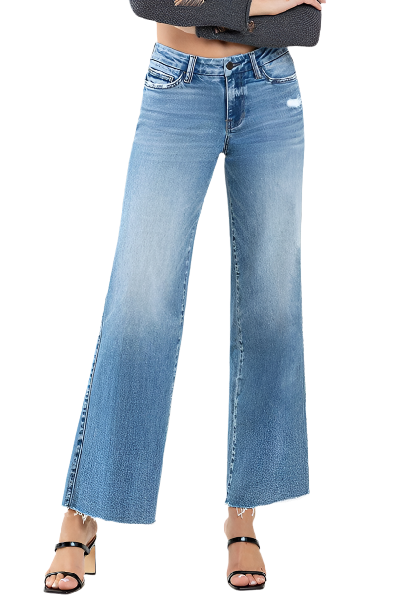 “KOKO” MID-RISE RAW HEM WIDE LEG JEANS