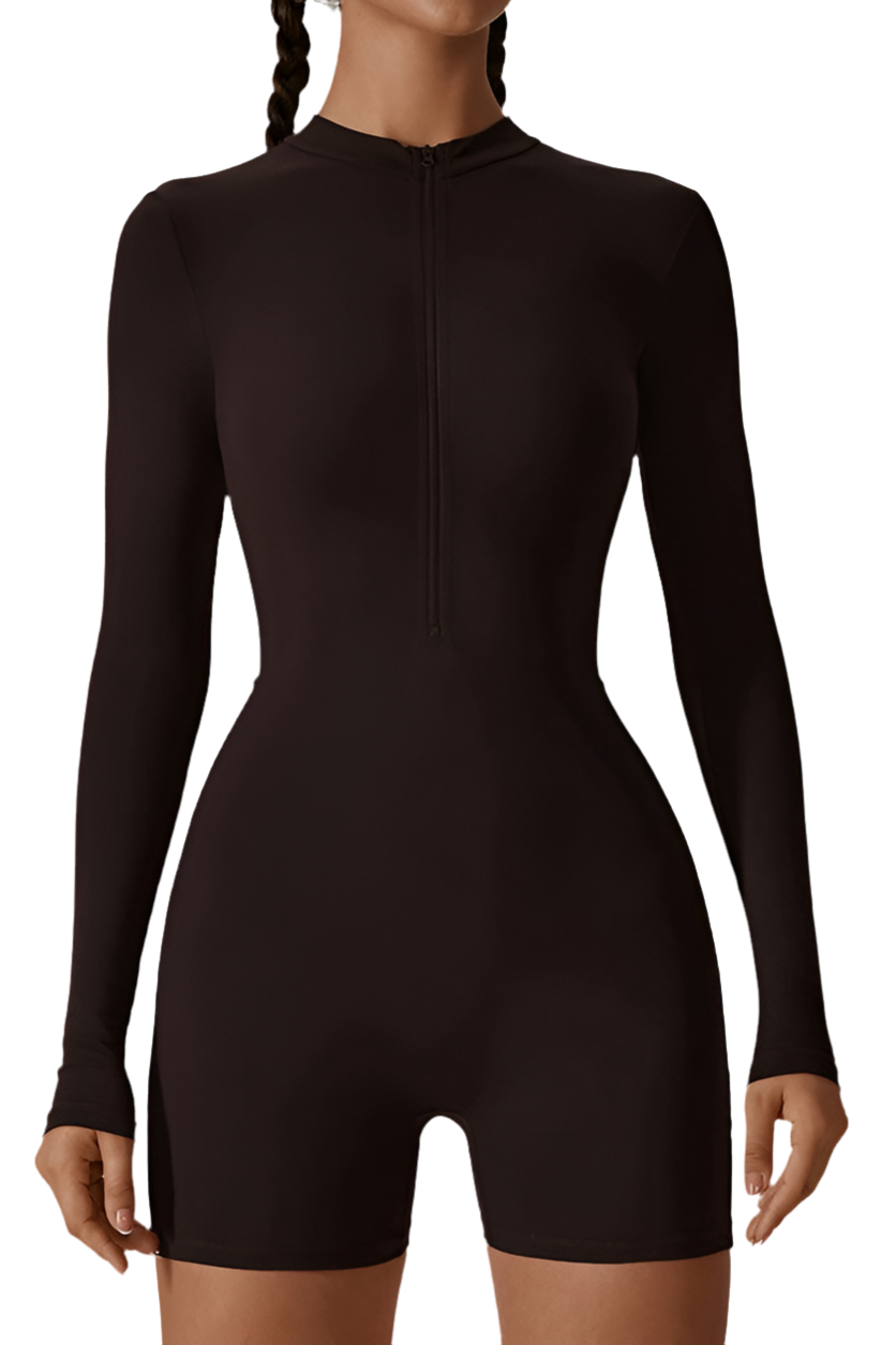 Solid zippered long-sleeved sports jumpsuit