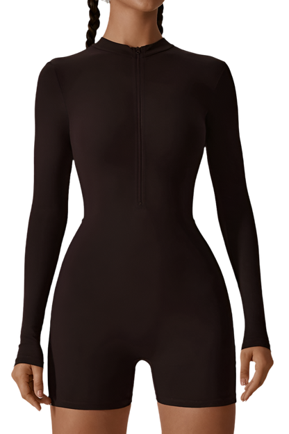 Solid zippered long-sleeved sports jumpsuit