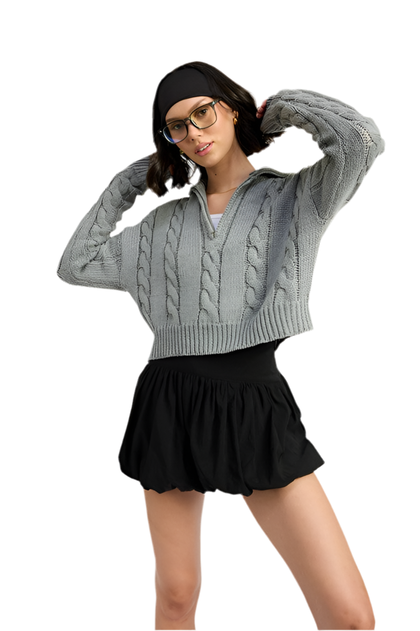 “ELLIE” CABLE KNIT SWEATER WITH HALF ZIP