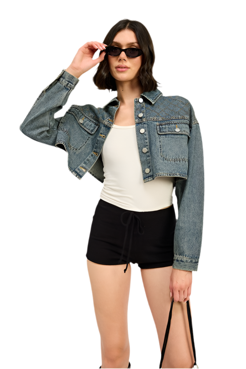 “CHRISTINE” EMBROIDERED DENIM CROP JACKET