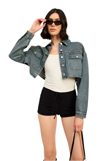 “CHRISTINE” EMBROIDERED DENIM CROP JACKET