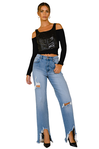 HIGH RISE DISTRESSED WIDE JEANS