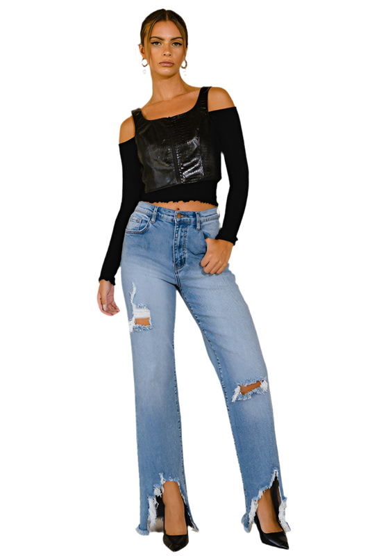 HIGH RISE DISTRESSED WIDE JEANS