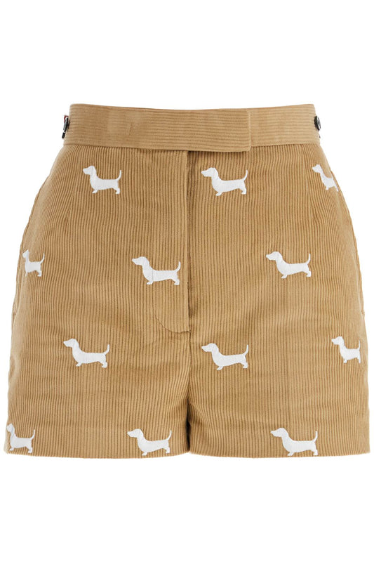 Thom Browne khaki corduroy shorts with white dog pattern