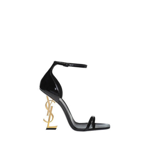 SAINT LAURENT BLACK CALF  OPYUM LOGO PLAQUE SANDALS