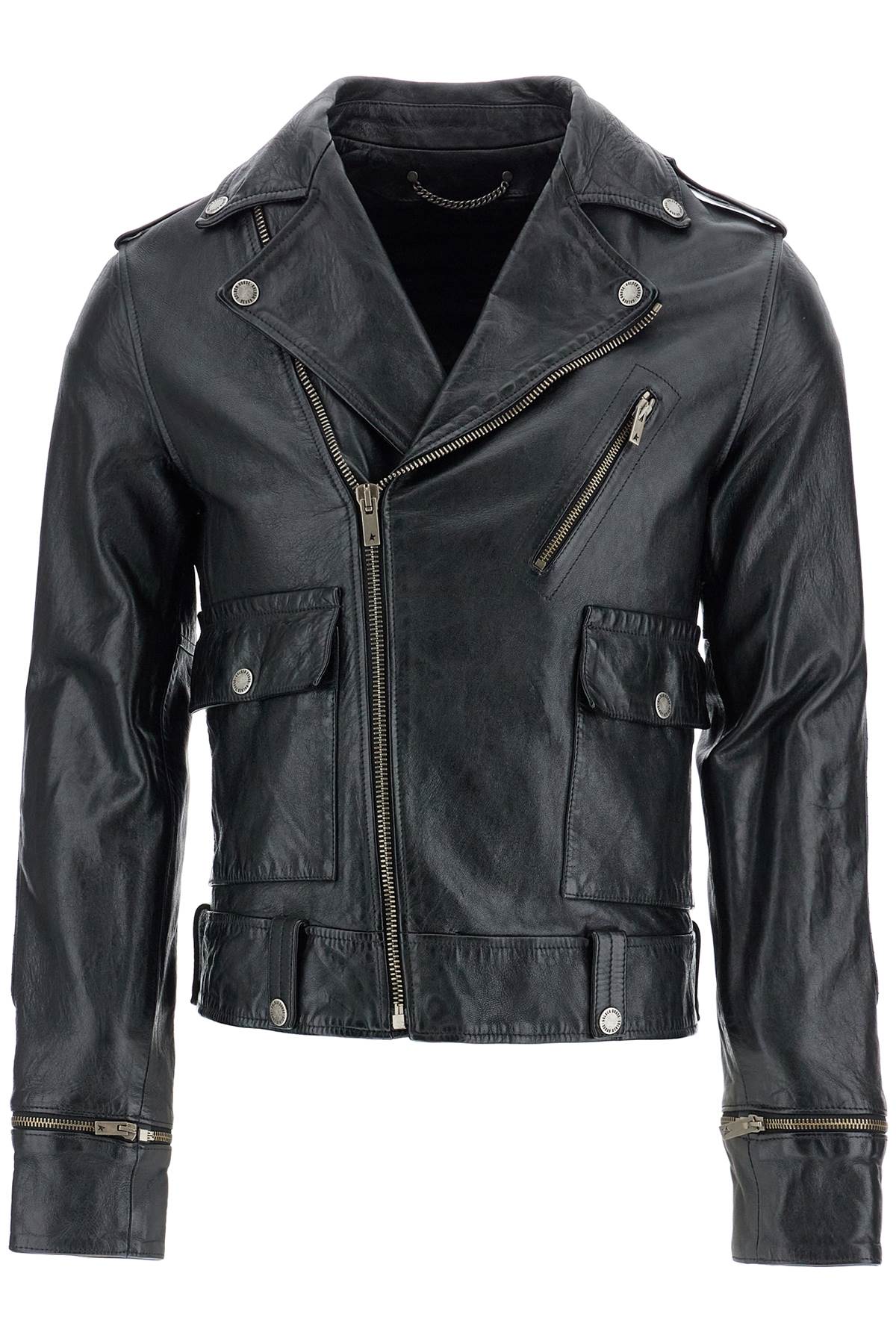 Golden Goose Golden Goose black waxed leather biker jacket with zip