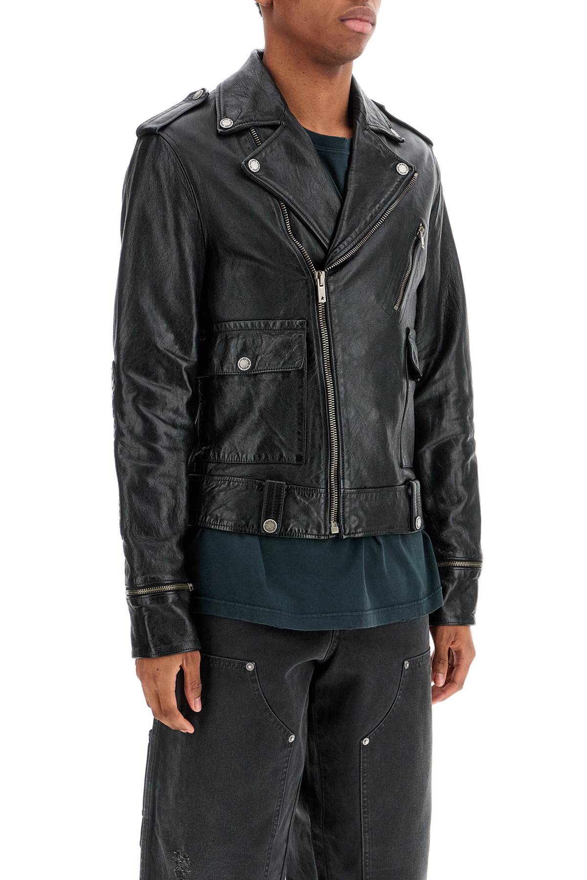 Golden Goose Golden Goose black waxed leather biker jacket with zip