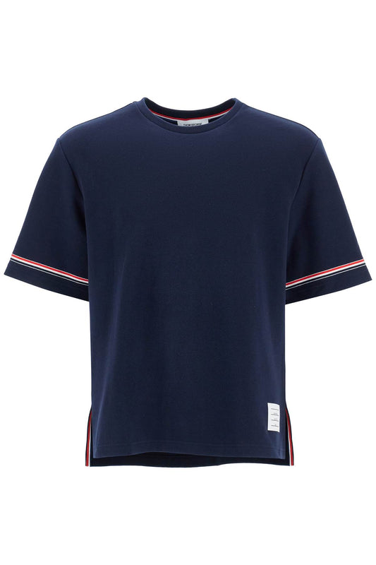 Thom Browne navy blue striped cotton t-shirt with wide neck