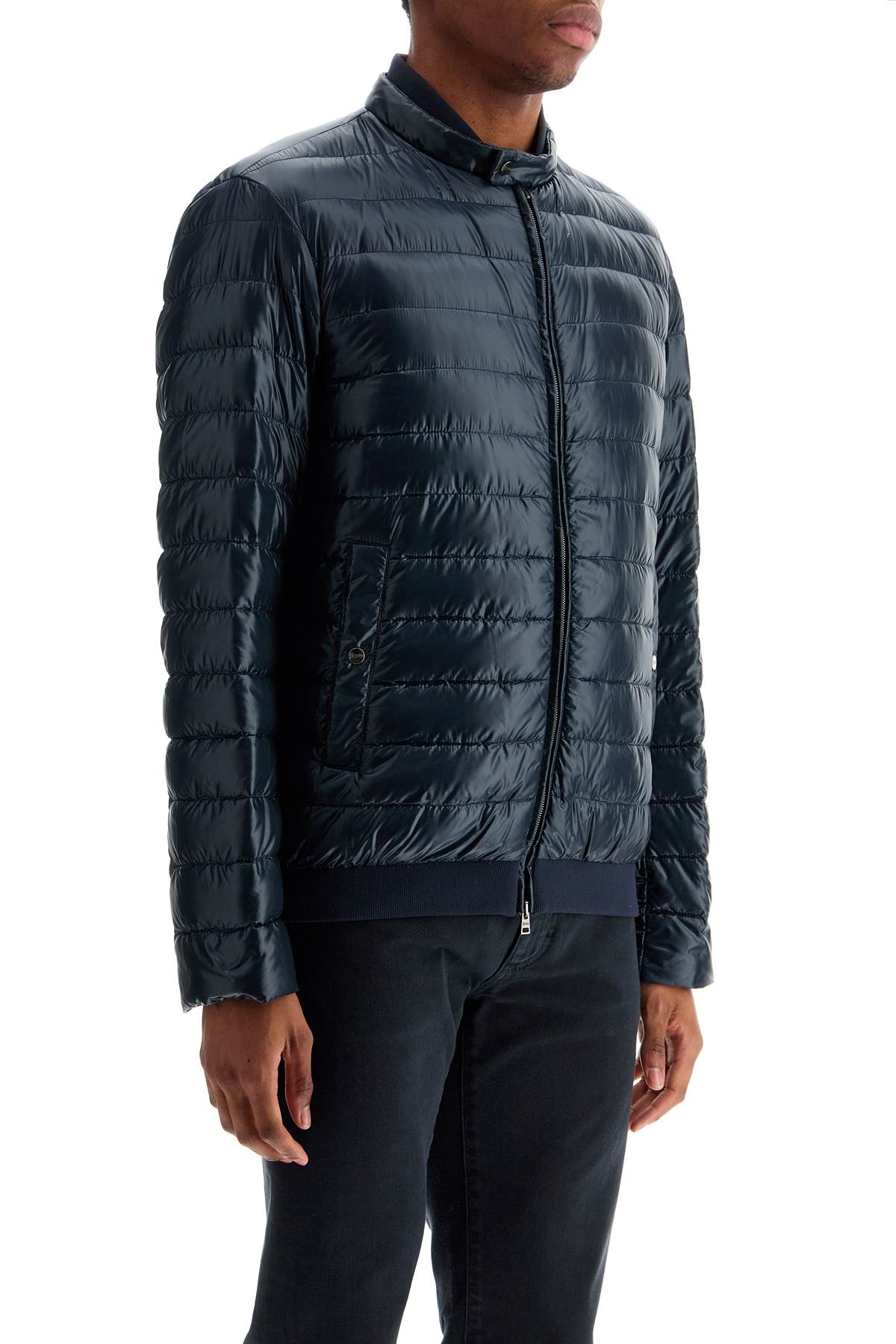 HERNO HERNO dark blue lightweight quilted nylon down jacket with high collar