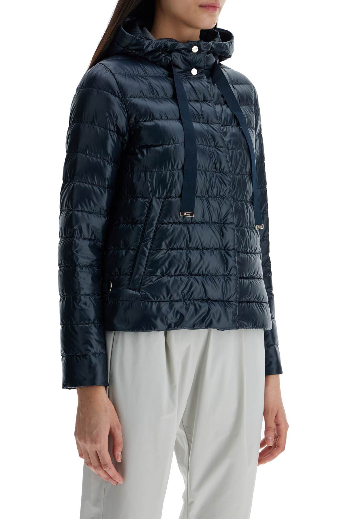 HERNO HERNO cropped down jacket with hood in ultralight dark blue nylon