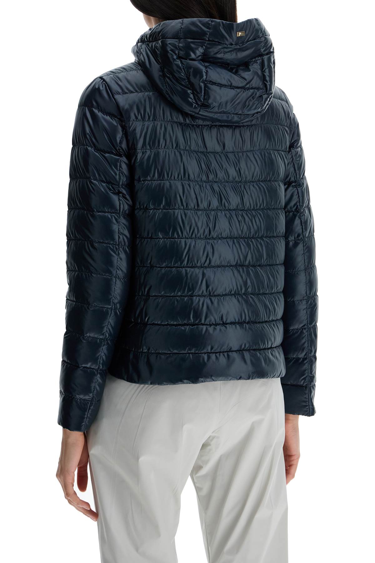 HERNO HERNO cropped down jacket with hood in ultralight dark blue nylon