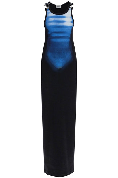 JEAN PAUL GAULTIER JEAN PAUL GAULTIER long fitted sleeveless dress in black and blue ribbed cotton