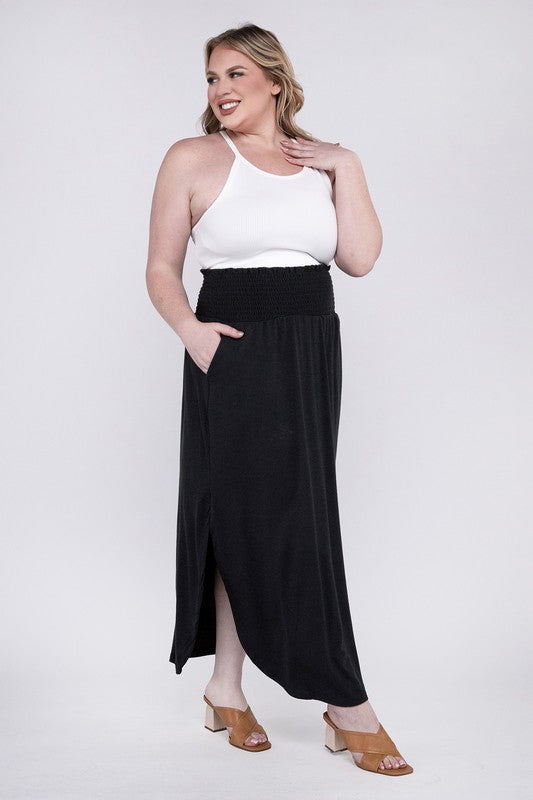 Plus Smocked Waist Side Slit Maxi Skirt w/ Pockets